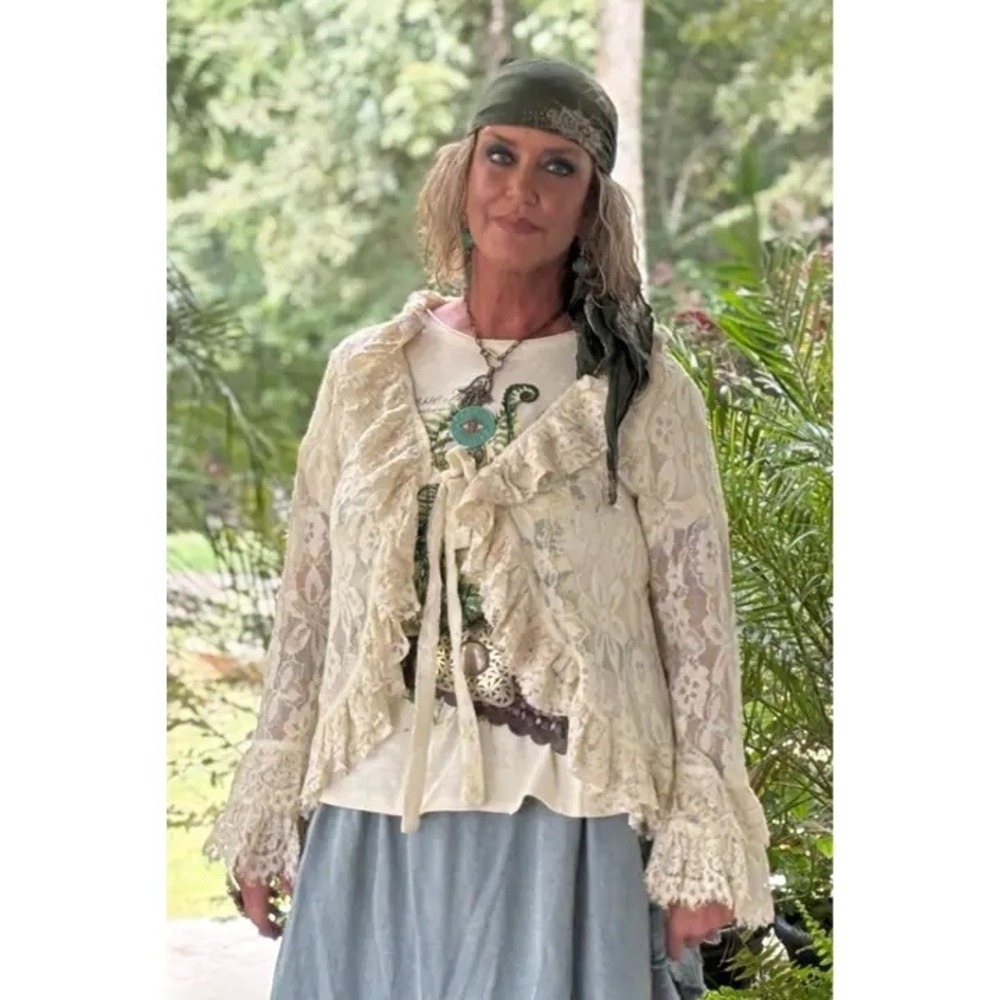 Jaded Gypsy Cream Floral Lace Ruffle Tie Front Cardigan Bohemian Romantic S/M